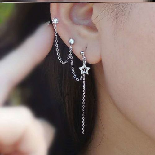 多耳洞耳钉女连体三个耳洞的耳环组合一耳三钳耳扣耳骨银针一体式