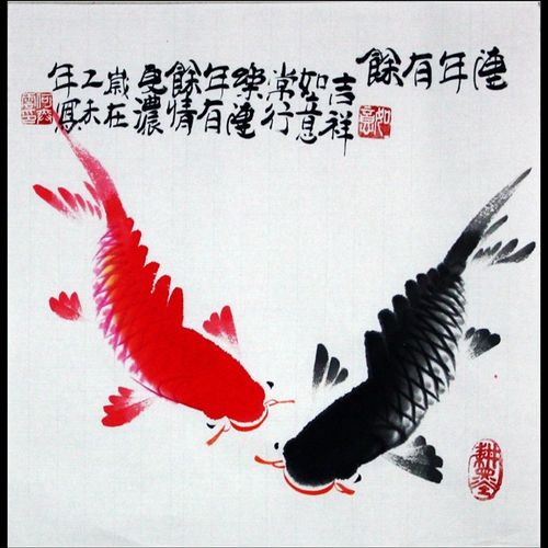 真迹  国画家居装饰画一尺斗方太极鱼 双鱼图 年年有余e868