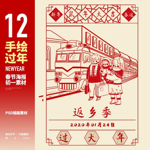2020新年春节除夕手绘插画海报正月年货节闪屏广告psd设计素材