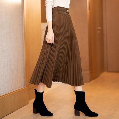 中长款大摆半身裙 女咖啡色秋款百褶裙厚名媛a字高腰长版压褶裙子