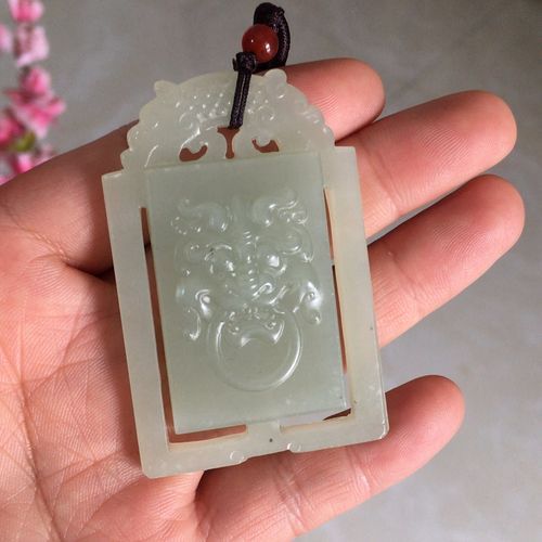 和田玉青白玉山料仿古牌挂件