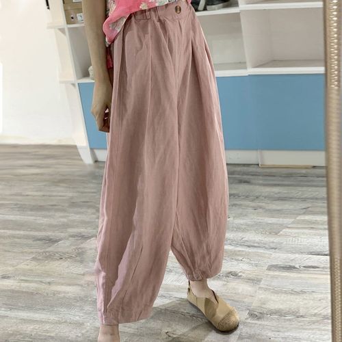 民族风纯色超薄冰丝麻灯笼裤宽松简约休闲百搭松紧腰九分吊裤女春