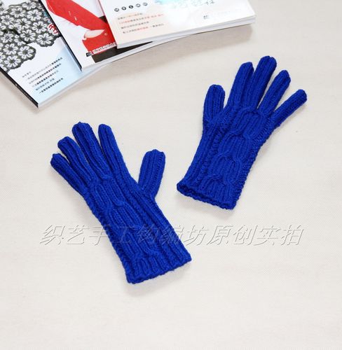 织艺坊原创◇春风花草 手工编织蓝色女款羊毛分指手套