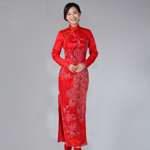 玫娅娣秋冬新款女装复古长袖传统喜庆敬酒新娘礼服婚纱长款旗袍红