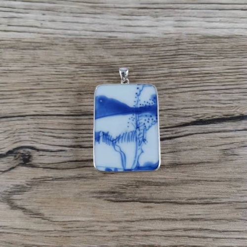 古瓷首饰 清康熙 吊坠 青花瓷挂件 老瓷片 925银 尺寸32.5*44mm