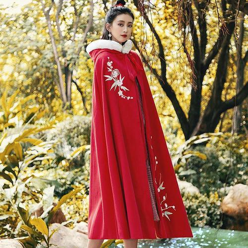 古装汉服女冬装中国刺绣加厚古风斗篷保暖披风风衣过膝大红色斗篷