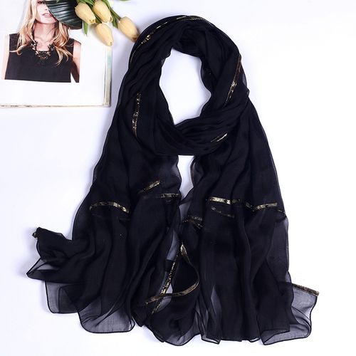 杭州丝绸100%桑蚕丝金边纯色长款真丝丝巾钉珠春秋夏季披肩黑色女