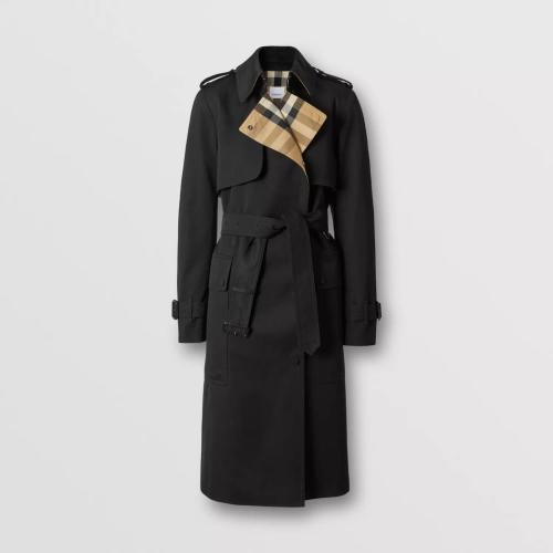 包邮包税】 burberry 21年秋冬 女士 格纹裁片棉质嘎巴甸 trench 风衣