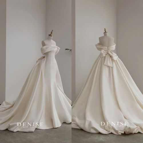 出租新品丹妮斯denise大艺术家白昼间奏一字肩鱼尾小拖尾缎面婚纱