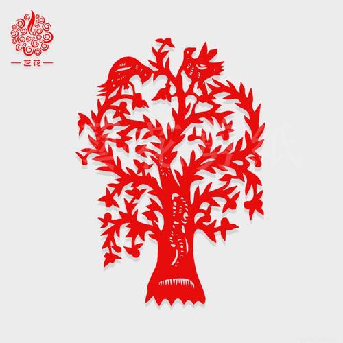 江南水乡植树手工刻纸红色窗花儿童剪纸 小鸟和树新品装饰门贴