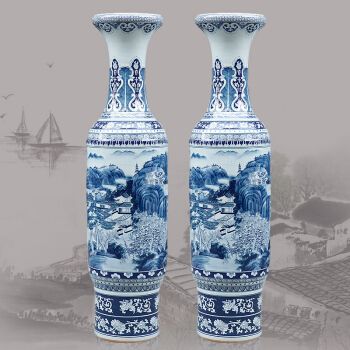 爵仕臻品 景德镇陶瓷花瓶 仿古青花瓷器手工绘画依山傍水 开业庆典