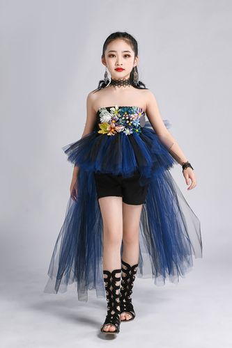 女童重工贴花蓝黑色套装礼服儿童走秀新款模特服潮服