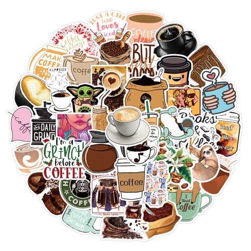 50张卡通动漫咖啡手账贴摩托车行李箱笔记本滑板车水杯头盔贴纸