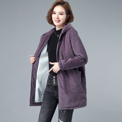 素订女装原创品牌加绒灯芯绒保暖中长款外套2021冬新款加厚棉衣女