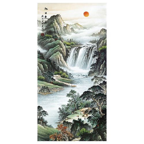 高清竖幅国画锦绣山河旭日东升风景有山有水靠山图背景墙壁装饰画