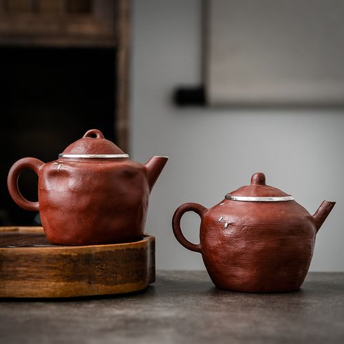 纯手工朱泥手捏壶茶壶包银工艺紫砂壶小容量茶壶