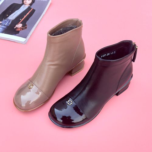 秋冬新款大码女靴40-43短筒靴真皮低跟时装靴圆头薄棉特大号女鞋