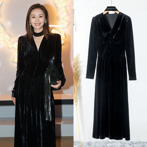 明星王子文同款衣服女秋冬新款气质黑色v领丝绒礼服裙连衣裙长裙