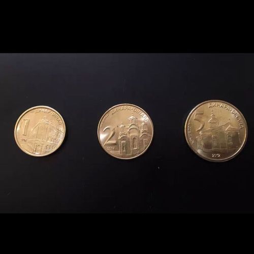 【全新保真外币一套3枚】欧洲塞尔维亚1-5第纳尔建筑硬币钱币铜币【2