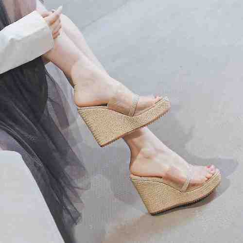 高档一代佳人防水台高跟鞋夏季新款时尚坡跟网纱鱼嘴女鞋厚底凉拖