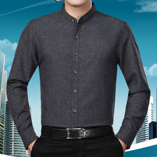 秋冬季加绒加厚中年人男士长袖衬衫棉麻衬衣中老年爸爸装立领寸衣