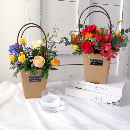 折叠梯形牛皮纸手提袋防水花篮鲜花盒花艺插花花袋礼品袋包装材料