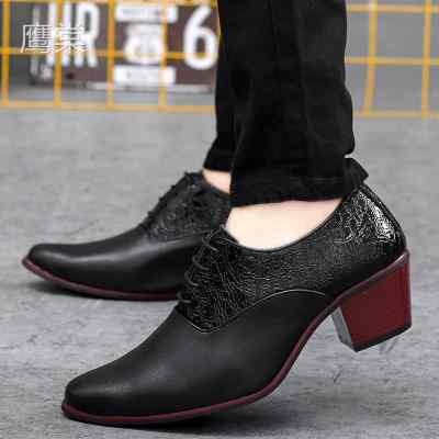 男士休闲皮鞋潮粗跟白色英伦尖头高跟鞋男发型师男鞋酒吧夜场鞋子