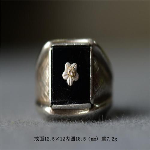 祖传vintage美国古董925纯银镶嵌黑玛瑙小银花戒指内径18.5mm品