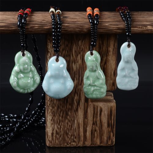 佛/观音毛衣链保平安服饰品圆珠链龙泉青瓷挂件陶瓷复古项链