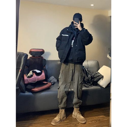 gf小红书潮男时尚穿搭2020冬季新款潮牌印花立领面包服棉衣外套男