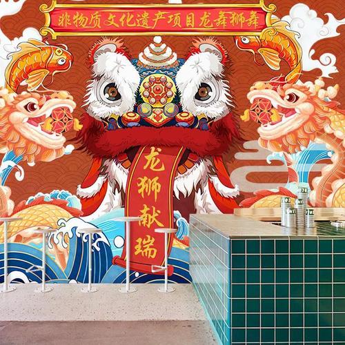 国潮风装饰墙纸中国传统国粹舞龙醒狮文化馆背景墙布壁画餐厅壁纸