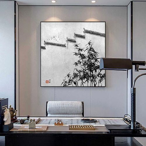 新中式装饰画茶室书房水墨画古建筑国风挂画民宿酒店简约竹子墙画