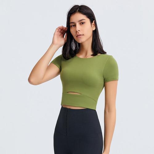 露脐上衣女士运动紧身性感瑜伽服简约短袖露腰带胸垫时尚跑步健身