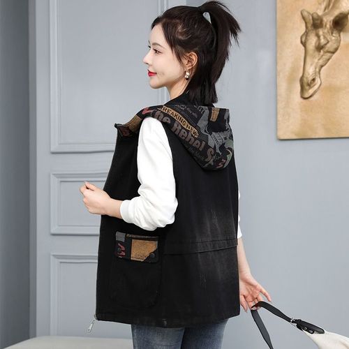 显瘦休闲牛仔马甲女宽松春秋款新款外穿洋气百搭外搭拉链连帽坎肩