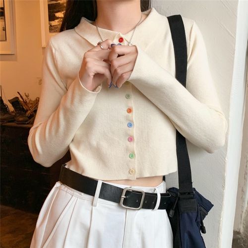 春季奶杏色针织衫彩色纽扣修身高腰泫雅上衣短款露脐薄款开衫外套