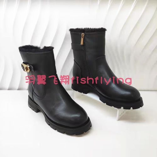 哈森harson女鞋专柜正品2021冬新款厚底粗跟毛里女皮短靴ha17193