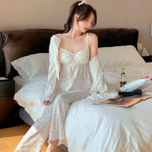 苓影吊带睡衣女春秋季棉长袖长裤三件套高颜值日系ins风少女家居服 dw