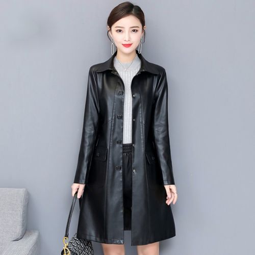 克洛普【精品女装】皮衣女中长款2021秋冬新款中年妈妈皮外套长袖黑色