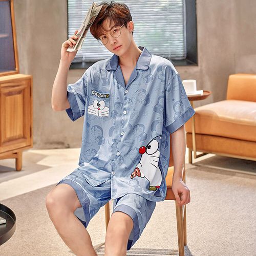 男士睡衣短袖薄款冰丝春夏季卡通翻领男式仿真丝绸夏天家居服套装
