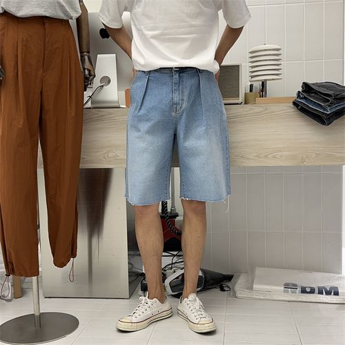 东大门韩国男装代购直播mento毛边拉丝水洗阔腿直筒五分牛仔短裤