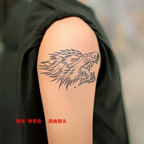 妙微熊割线狼头草本果汁纹身贴狼刺青防水男女 狼图腾