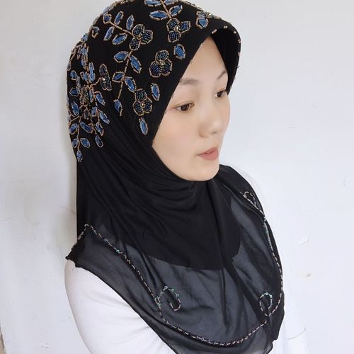 新款穆斯林盖头手缝串珠头巾丝带绣花头套高档款方便套头回族