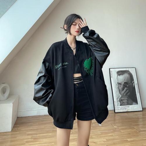 皮袖子拼接棒球服男春秋季美式复古高街宽松情侣重工刺绣夹克外套