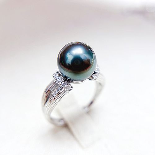 天然大溪地黑珍珠戒指 s925银指环镶嵌正圆强光海水珠