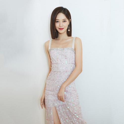 蓝盈莹明星同款开衩吊带连衣裙时尚气质手工珠片镶钻晚会礼服裙女