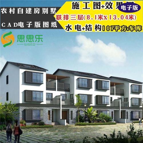 农村自建房 联排双拼兄弟房三层别墅建房设计图纸带车库107平方含效果