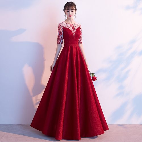 婚礼红色礼服大合唱演出服长裙端庄独唱合唱服气质主持人晚礼服女