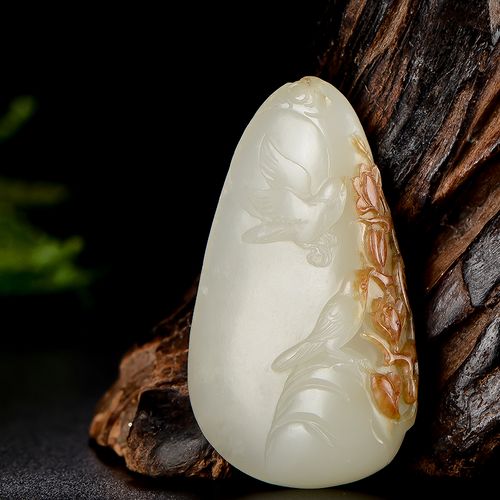 【御府】新疆和田玉枣红皮青白玉籽玉挂件玉石吊坠玉雕喜上眉梢