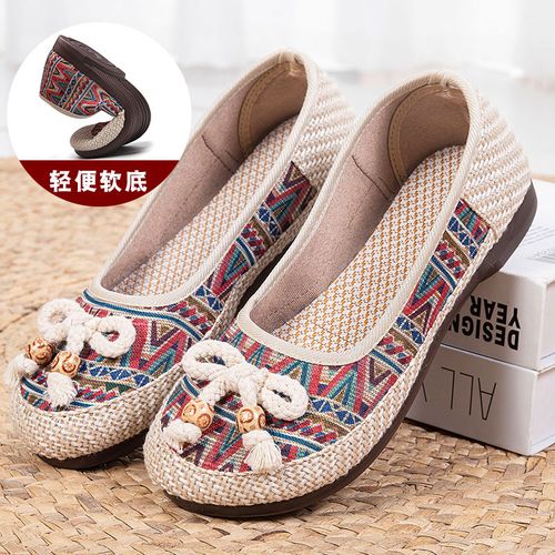 老北京布鞋女平底春秋民族风绣花鞋亚麻渔夫鞋一脚蹬软底懒人单鞋
