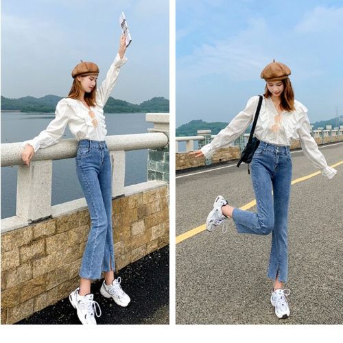 牛仔八分裤高腰显瘦xs码女装145cm显高微喇叭裤时尚休闲气质女生夏